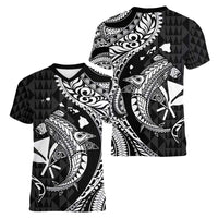 Aloha Hawaii Hammerhead Shark Women V-Neck T-Shirt Black Kakau and Polynesian Tattoo LT03