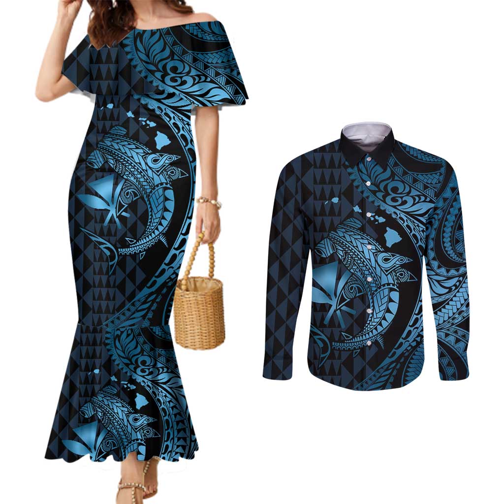 Aloha Hawaii Hammerhead Shark Couples Matching Mermaid Dress and Long Sleeve Button Shirt Blue Kakau and Polynesian Tattoo LT03