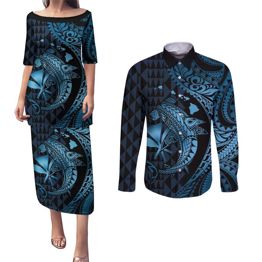 Aloha Hawaii Hammerhead Shark Couples Matching Puletasi and Long Sleeve Button Shirt Blue Kakau and Polynesian Tattoo LT03