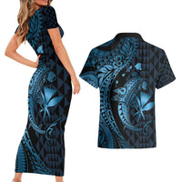 Aloha Hawaii Hammerhead Shark Couples Matching Short Sleeve Bodycon Dress and Hawaiian Shirt Blue Kakau and Polynesian Tattoo LT03 - Polynesian Pride
