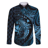 Aloha Hawaii Hammerhead Shark Family Matching Long Sleeve Bodycon Dress and Hawaiian Shirt Blue Kakau and Polynesian Tattoo LT03 Dad's Shirt - Long Sleeve Blue - Polynesian Pride