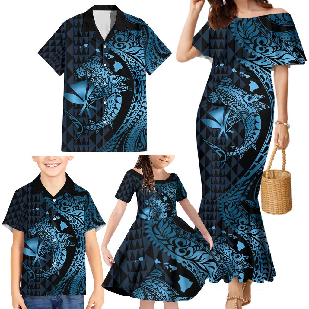 Aloha Hawaii Hammerhead Shark Family Matching Mermaid Dress and Hawaiian Shirt Blue Kakau and Polynesian Tattoo LT03 - Polynesian Pride