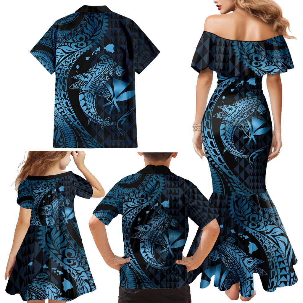 Aloha Hawaii Hammerhead Shark Family Matching Mermaid Dress and Hawaiian Shirt Blue Kakau and Polynesian Tattoo LT03 - Polynesian Pride