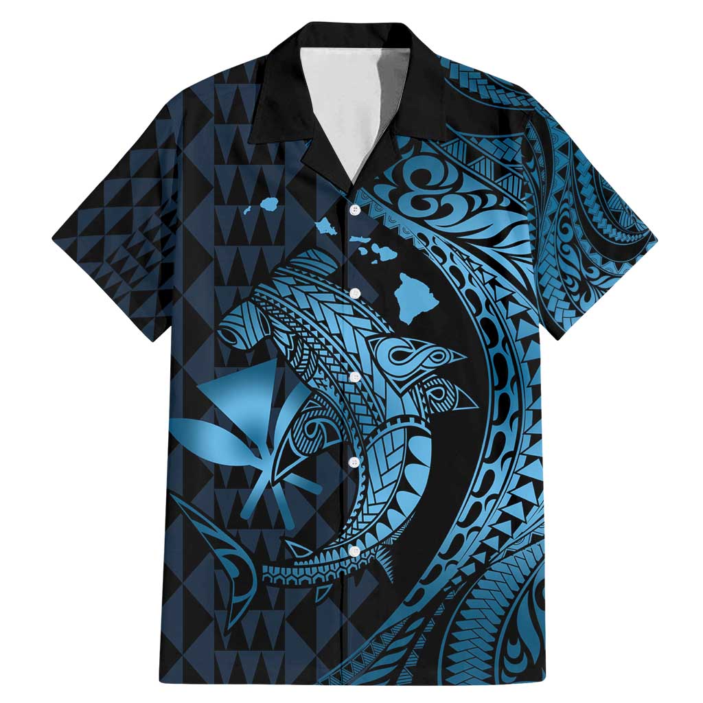 Aloha Hawaii Hammerhead Shark Family Matching Mermaid Dress and Hawaiian Shirt Blue Kakau and Polynesian Tattoo LT03 Dad's Shirt - Short Sleeve Blue - Polynesian Pride