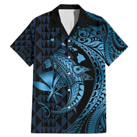 Aloha Hawaii Hammerhead Shark Family Matching Mermaid Dress and Hawaiian Shirt Blue Kakau and Polynesian Tattoo LT03 Dad's Shirt - Short Sleeve Blue - Polynesian Pride