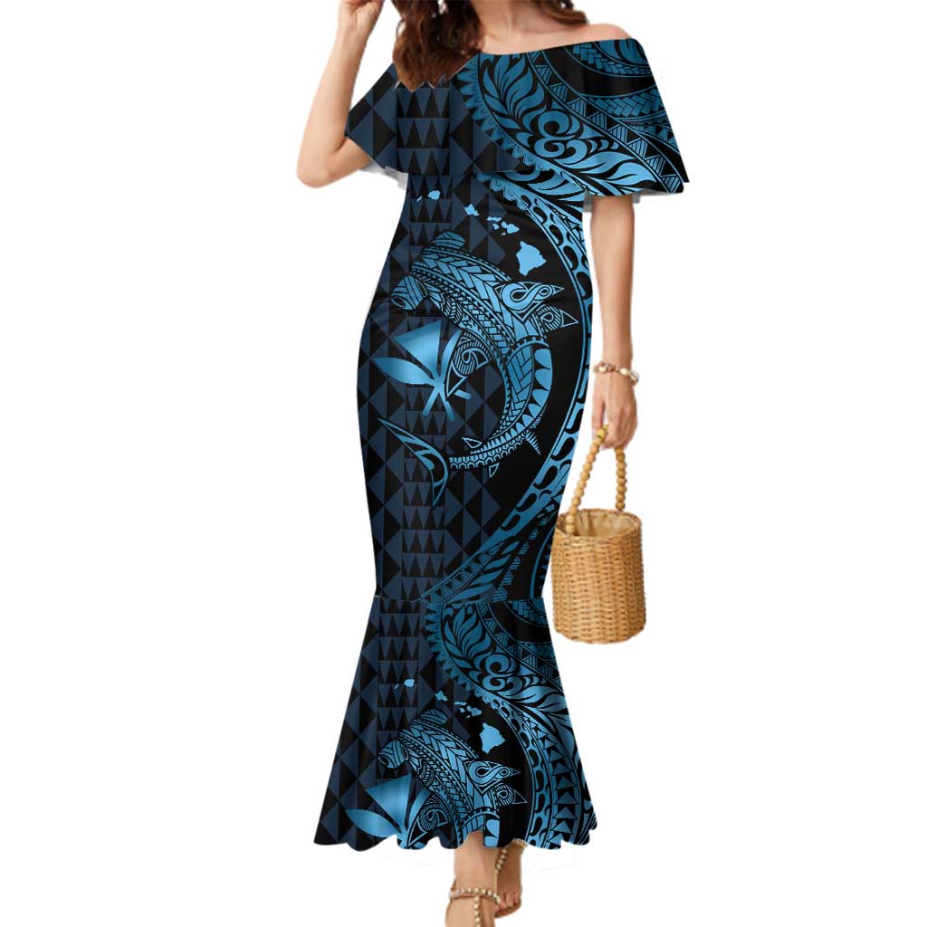 Aloha Hawaii Hammerhead Shark Family Matching Mermaid Dress and Hawaiian Shirt Blue Kakau and Polynesian Tattoo LT03 Mom's Dress Blue - Polynesian Pride