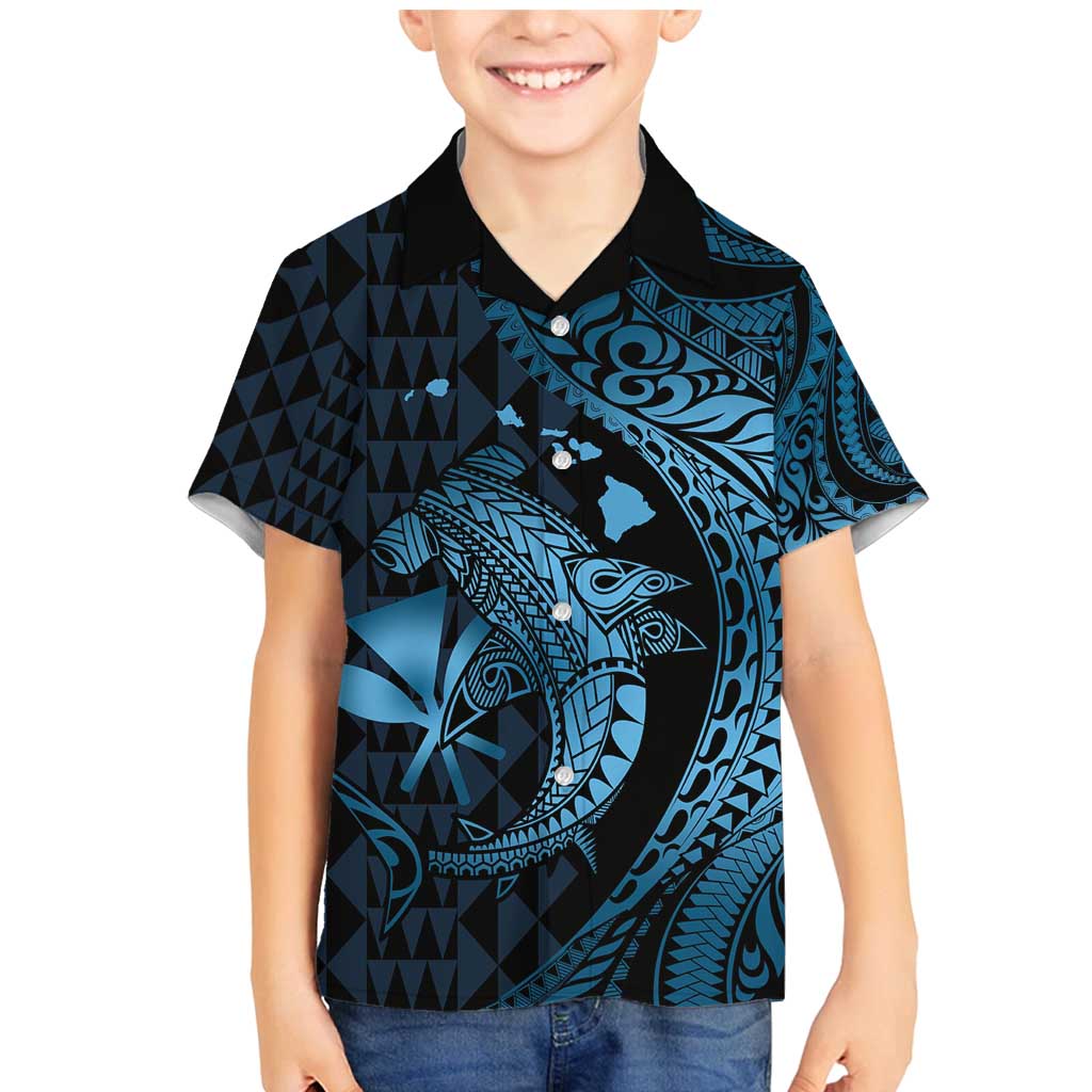 Aloha Hawaii Hammerhead Shark Family Matching Mermaid Dress and Hawaiian Shirt Blue Kakau and Polynesian Tattoo LT03 Son's Shirt Blue - Polynesian Pride