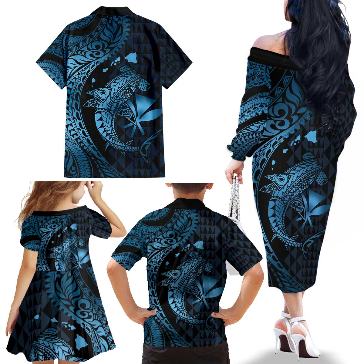 Aloha Hawaii Hammerhead Shark Family Matching Off The Shoulder Long Sleeve Dress and Hawaiian Shirt Blue Kakau and Polynesian Tattoo LT03 - Polynesian Pride