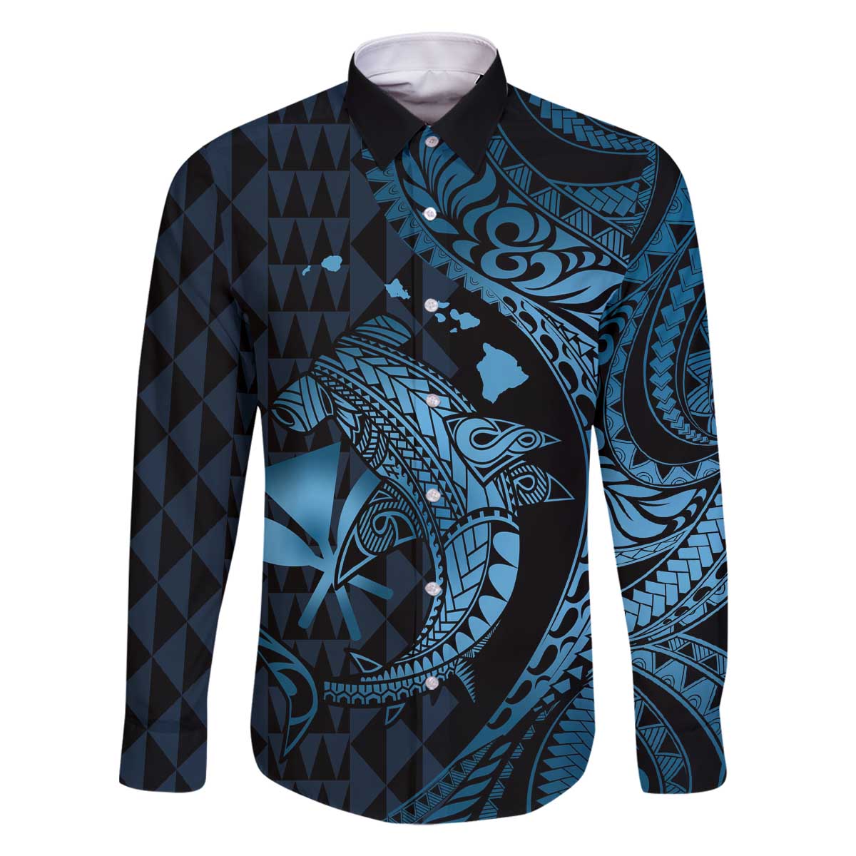 Aloha Hawaii Hammerhead Shark Family Matching Off The Shoulder Long Sleeve Dress and Hawaiian Shirt Blue Kakau and Polynesian Tattoo LT03 Dad's Shirt - Long Sleeve Blue - Polynesian Pride