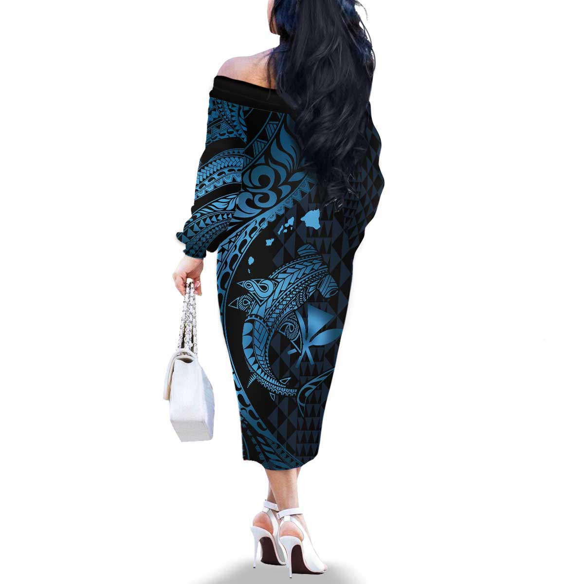 Aloha Hawaii Hammerhead Shark Family Matching Off The Shoulder Long Sleeve Dress and Hawaiian Shirt Blue Kakau and Polynesian Tattoo LT03 - Polynesian Pride