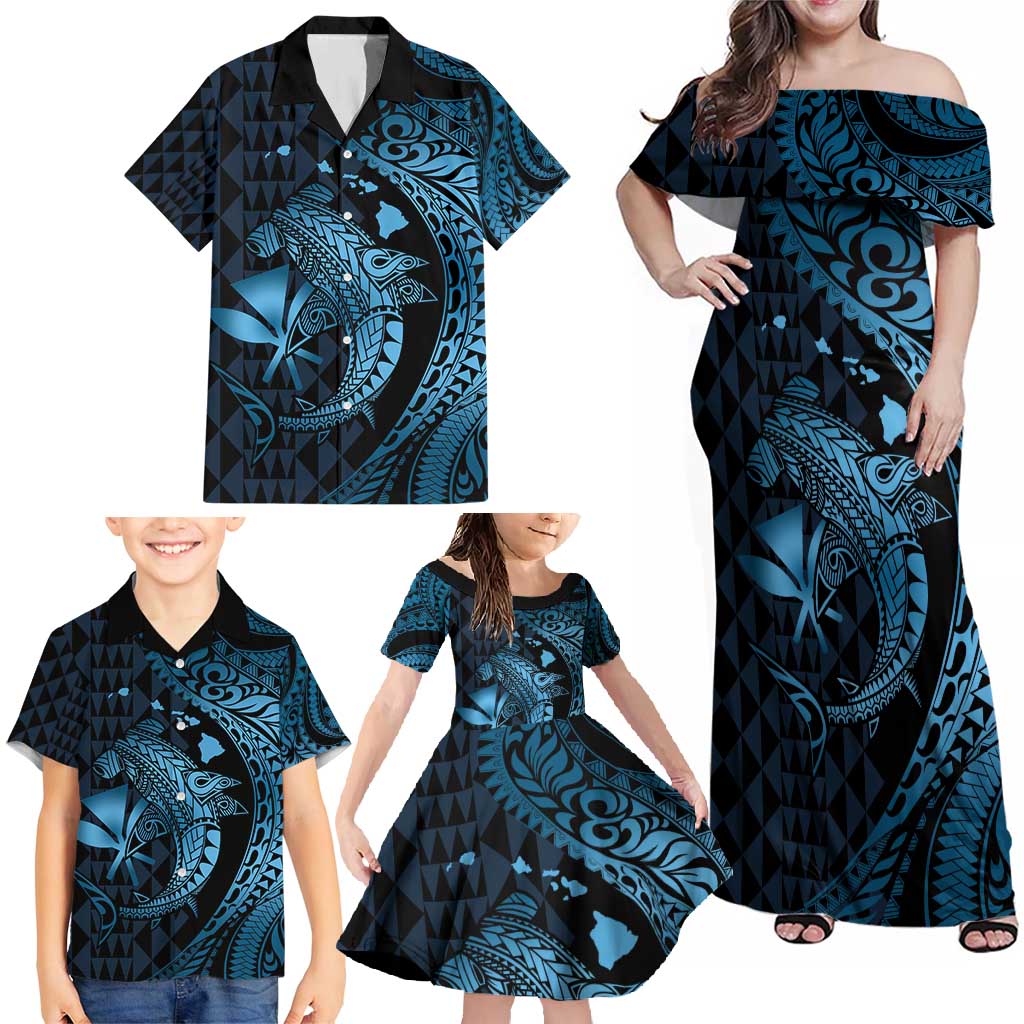 Aloha Hawaii Hammerhead Shark Family Matching Off Shoulder Maxi Dress and Hawaiian Shirt Blue Kakau and Polynesian Tattoo LT03 - Polynesian Pride