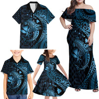 Aloha Hawaii Hammerhead Shark Family Matching Off Shoulder Maxi Dress and Hawaiian Shirt Blue Kakau and Polynesian Tattoo LT03 - Polynesian Pride