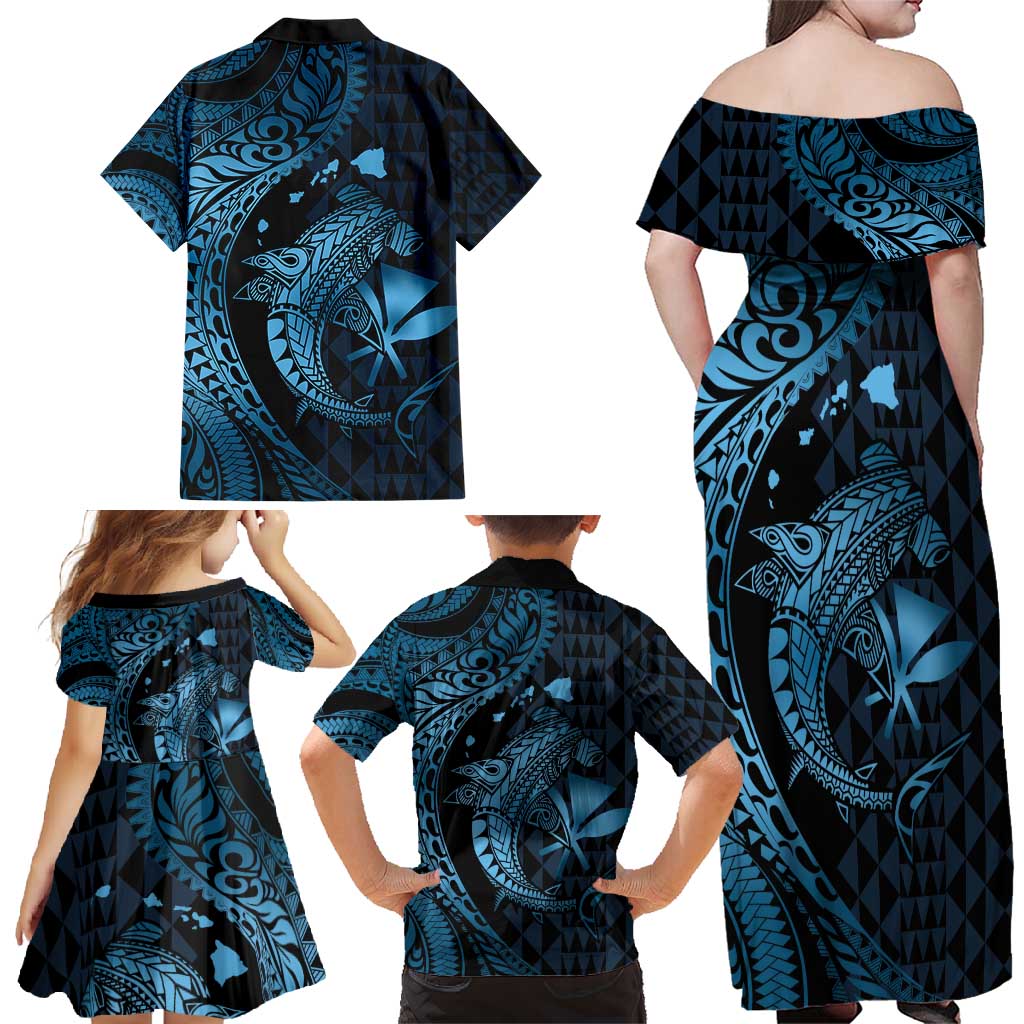 Aloha Hawaii Hammerhead Shark Family Matching Off Shoulder Maxi Dress and Hawaiian Shirt Blue Kakau and Polynesian Tattoo LT03 - Polynesian Pride