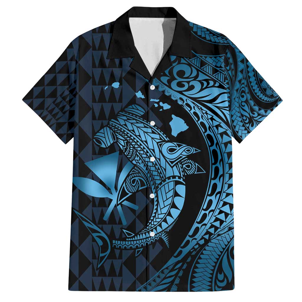 Aloha Hawaii Hammerhead Shark Family Matching Off Shoulder Maxi Dress and Hawaiian Shirt Blue Kakau and Polynesian Tattoo LT03 Dad's Shirt - Short Sleeve Blue - Polynesian Pride