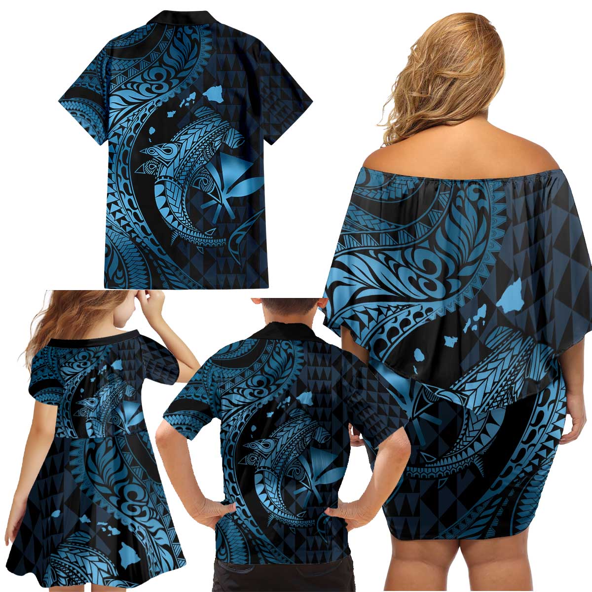 Aloha Hawaii Hammerhead Shark Family Matching Off Shoulder Short Dress and Hawaiian Shirt Blue Kakau and Polynesian Tattoo LT03 - Polynesian Pride