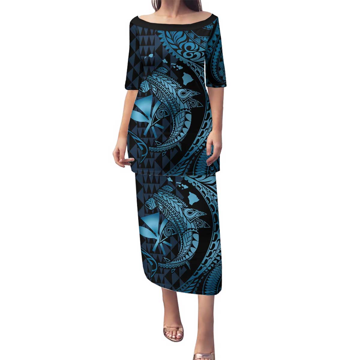 Aloha Hawaii Hammerhead Shark Family Matching Puletasi and Hawaiian Shirt Blue Kakau and Polynesian Tattoo LT03 Mom's Dress Blue - Polynesian Pride