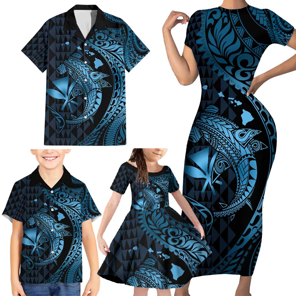 Aloha Hawaii Hammerhead Shark Family Matching Short Sleeve Bodycon Dress and Hawaiian Shirt Blue Kakau and Polynesian Tattoo LT03 - Polynesian Pride