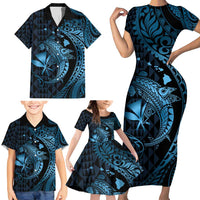 Aloha Hawaii Hammerhead Shark Family Matching Short Sleeve Bodycon Dress and Hawaiian Shirt Blue Kakau and Polynesian Tattoo LT03 - Polynesian Pride