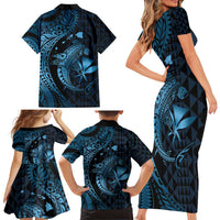 Aloha Hawaii Hammerhead Shark Family Matching Short Sleeve Bodycon Dress and Hawaiian Shirt Blue Kakau and Polynesian Tattoo LT03 - Polynesian Pride