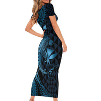 Aloha Hawaii Hammerhead Shark Family Matching Short Sleeve Bodycon Dress and Hawaiian Shirt Blue Kakau and Polynesian Tattoo LT03 - Polynesian Pride