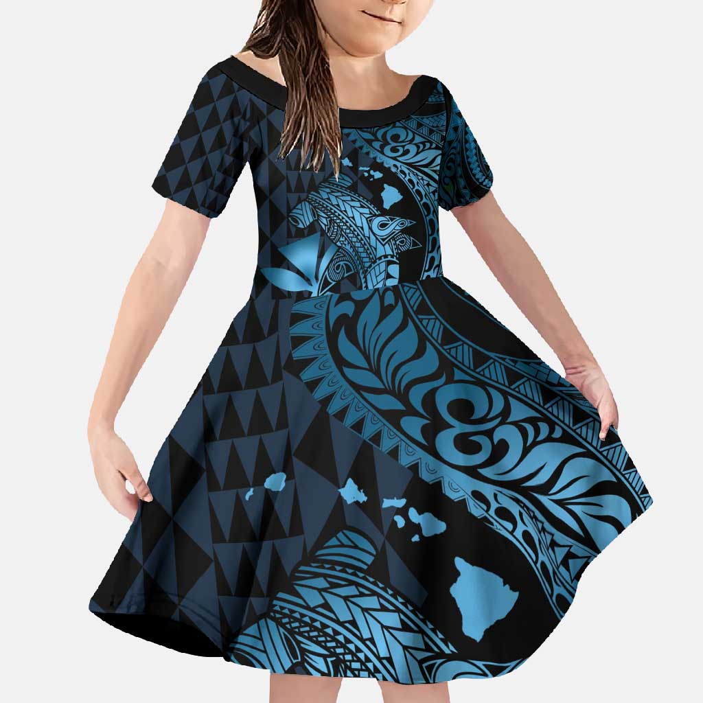 Aloha Hawaii Hammerhead Shark Family Matching Summer Maxi Dress and Hawaiian Shirt Blue Kakau and Polynesian Tattoo LT03 Daughter's Dress Blue - Polynesian Pride