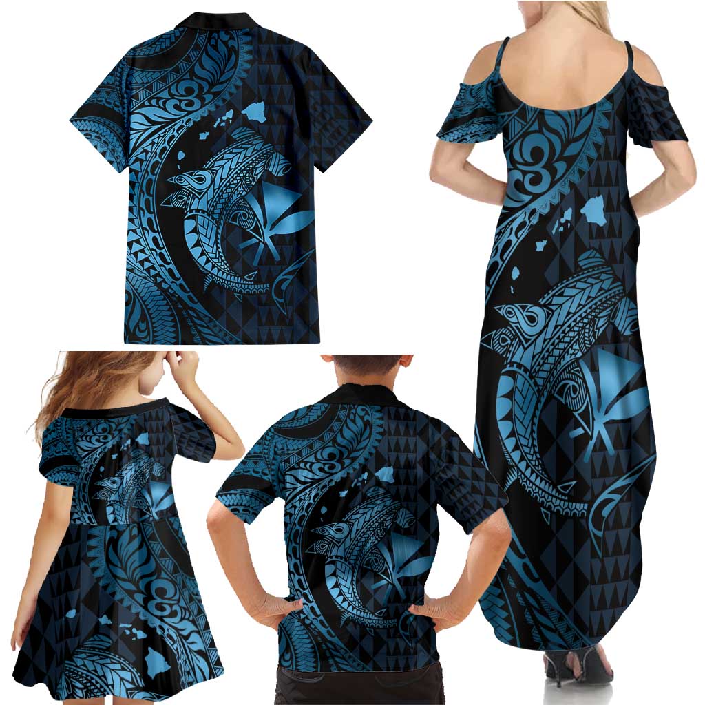 Aloha Hawaii Hammerhead Shark Family Matching Summer Maxi Dress and Hawaiian Shirt Blue Kakau and Polynesian Tattoo LT03 - Polynesian Pride