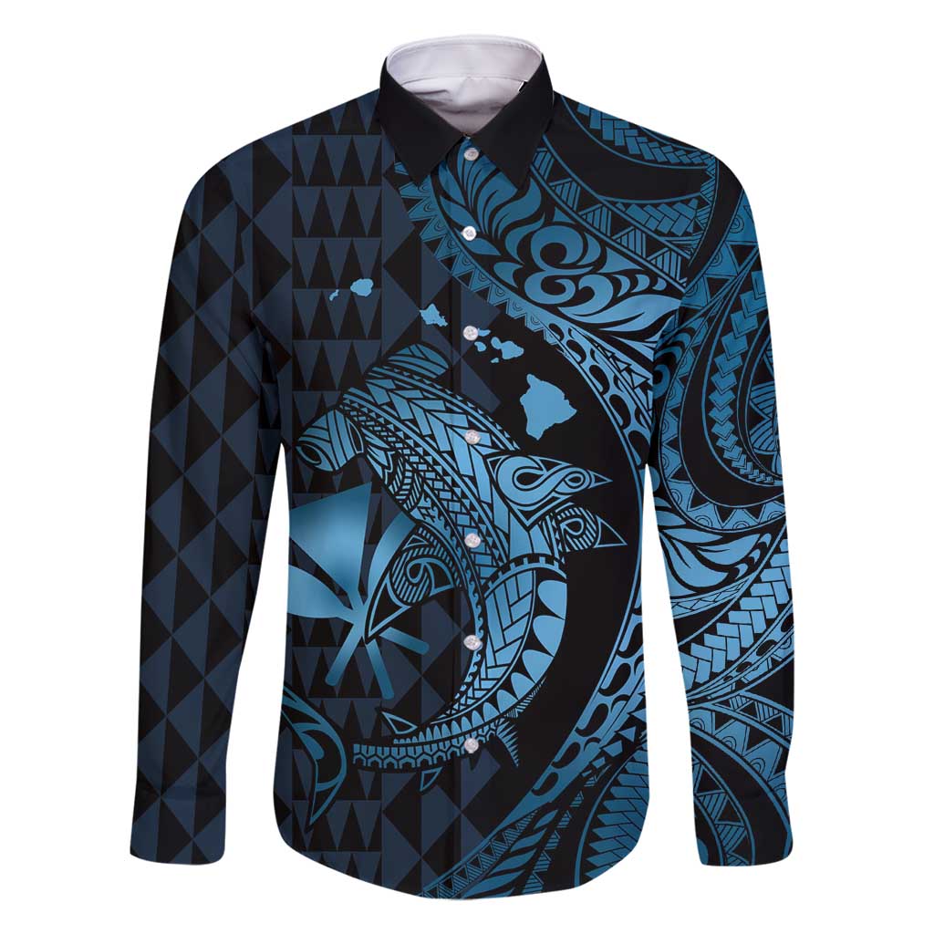 Aloha Hawaii Hammerhead Shark Family Matching Summer Maxi Dress and Hawaiian Shirt Blue Kakau and Polynesian Tattoo LT03 Dad's Shirt - Long Sleeve Blue - Polynesian Pride