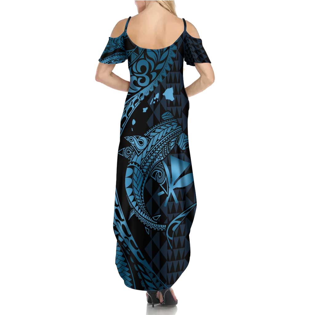 Aloha Hawaii Hammerhead Shark Family Matching Summer Maxi Dress and Hawaiian Shirt Blue Kakau and Polynesian Tattoo LT03 - Polynesian Pride