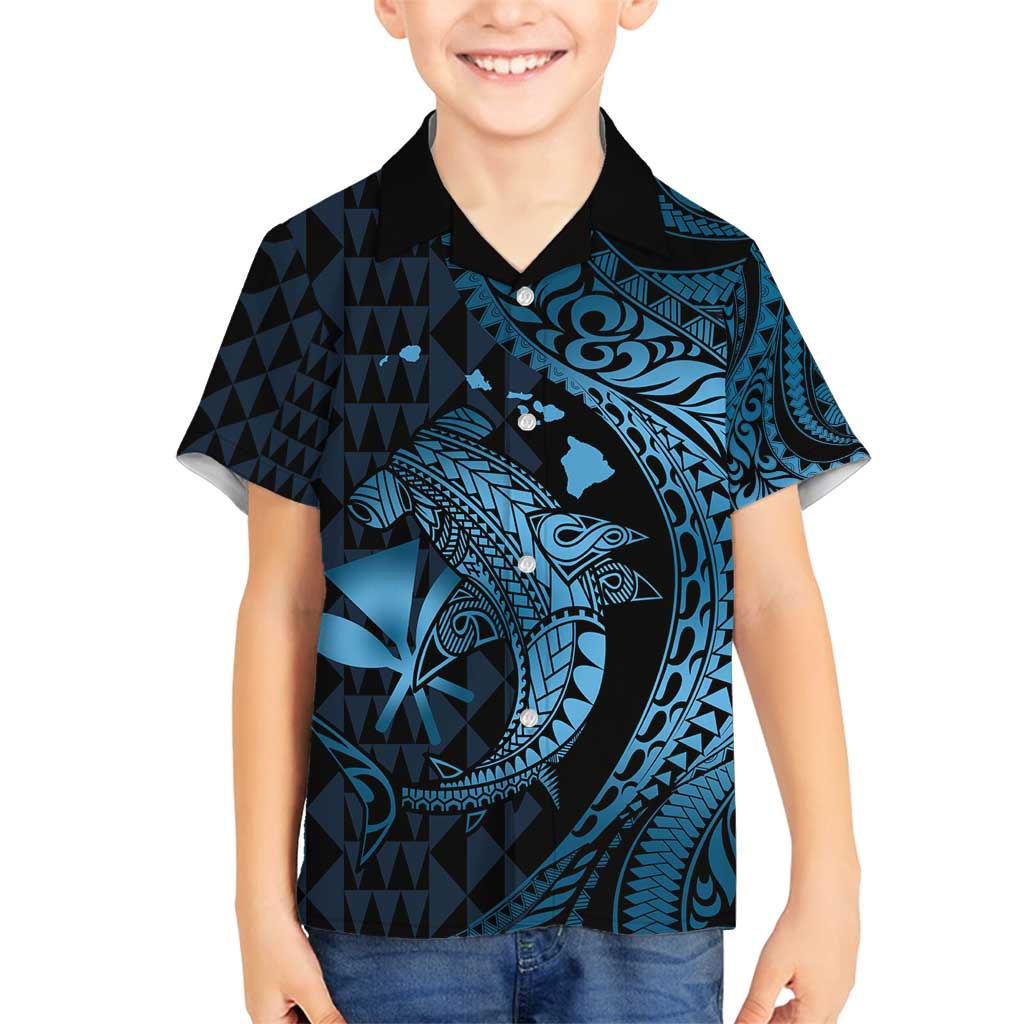 Aloha Hawaii Hammerhead Shark Family Matching Summer Maxi Dress and Hawaiian Shirt Blue Kakau and Polynesian Tattoo LT03 Son's Shirt Blue - Polynesian Pride