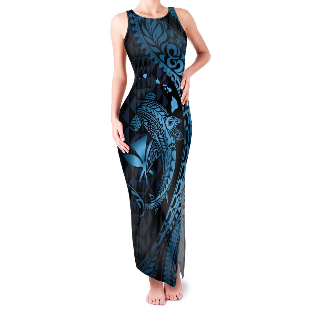 Aloha Hawaii Hammerhead Shark Family Matching Tank Maxi Dress and Hawaiian Shirt Blue Kakau and Polynesian Tattoo LT03 Mom's Dress Blue - Polynesian Pride