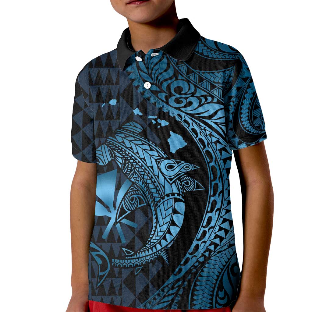 Aloha Hawaii Hammerhead Shark Kid Polo Shirt Blue Kakau and Polynesian Tattoo LT03