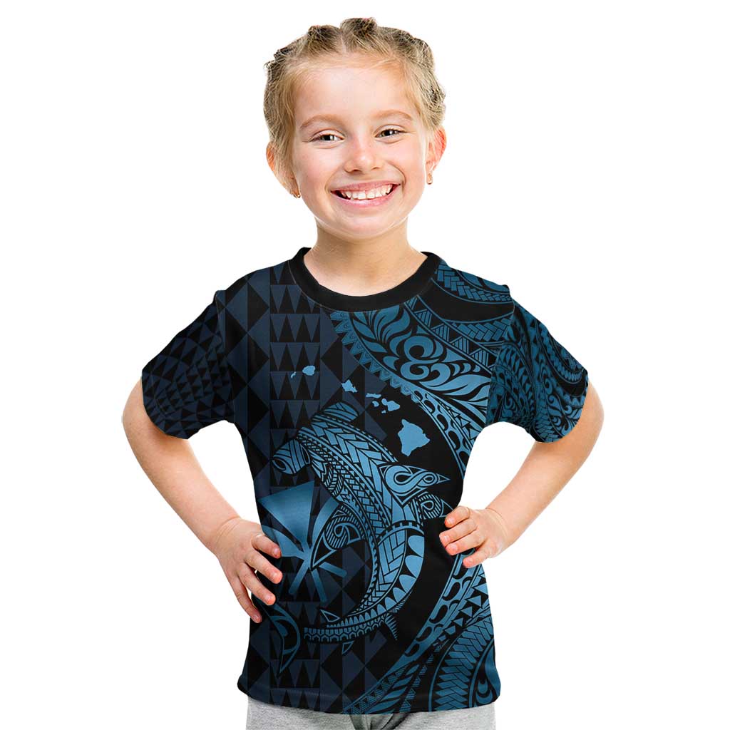 Aloha Hawaii Hammerhead Shark Kid T Shirt Blue Kakau and Polynesian Tattoo LT03