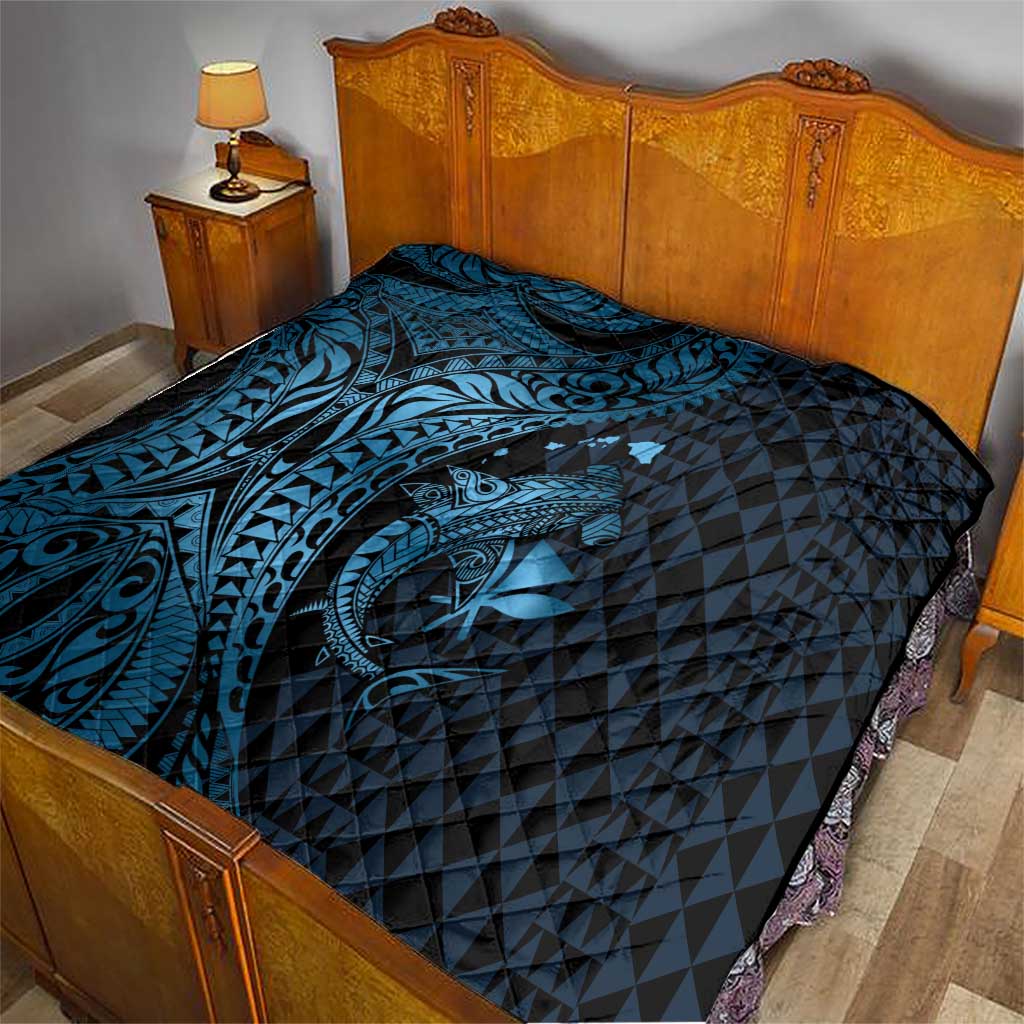 Aloha Hawaii Hammerhead Shark Quilt Blue Kakau and Polynesian Tattoo LT03