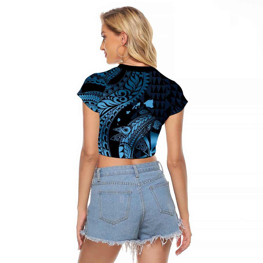 Aloha Hawaii Hammerhead Shark Raglan Cropped T Shirt Blue Kakau and Polynesian Tattoo LT03