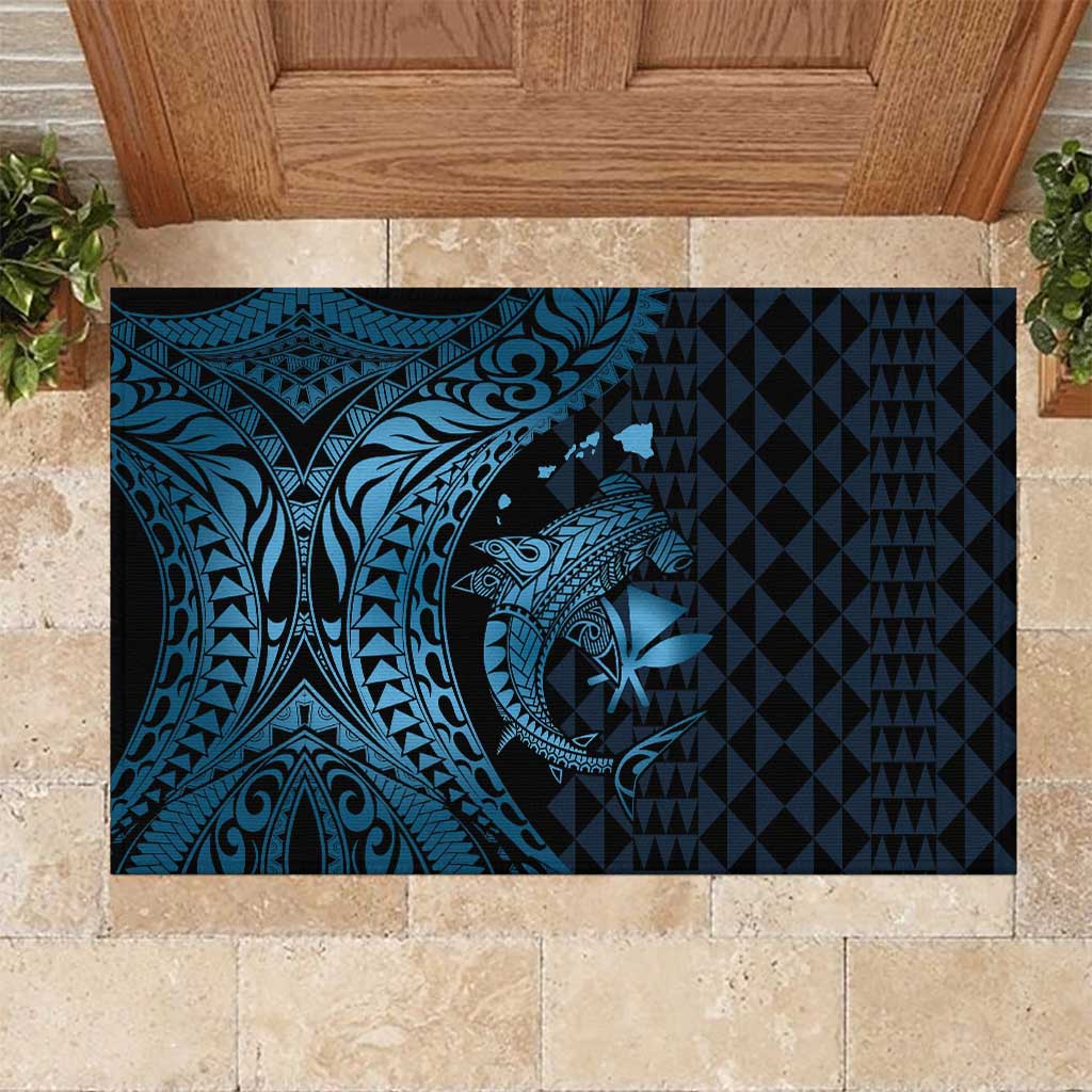 Aloha Hawaii Hammerhead Shark Rubber Doormat Blue Kakau and Polynesian Tattoo LT03
