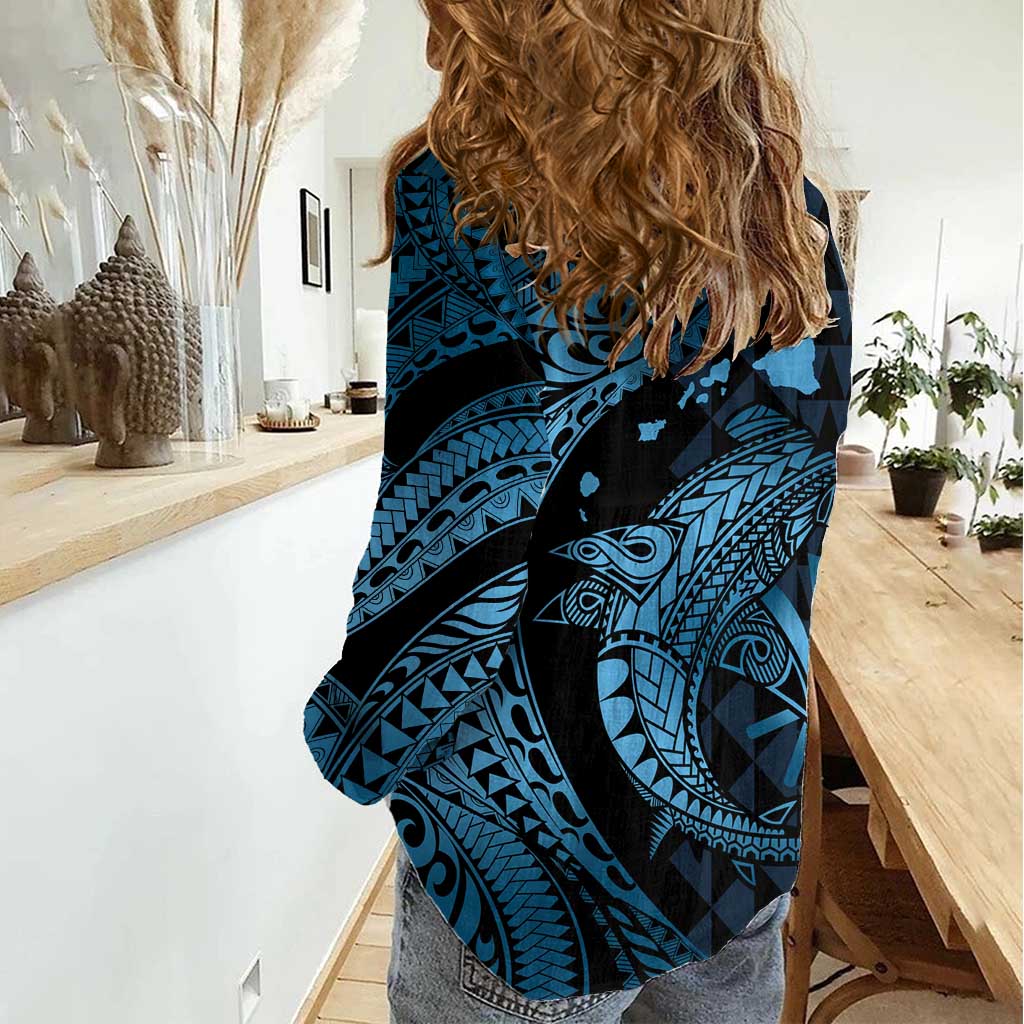 Aloha Hawaii Hammerhead Shark Women Casual Shirt Blue Kakau and Polynesian Tattoo LT03
