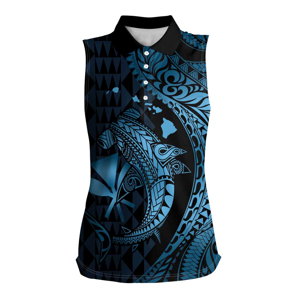 Aloha Hawaii Hammerhead Shark Women Sleeveless Polo Shirt Blue Kakau and Polynesian Tattoo LT03