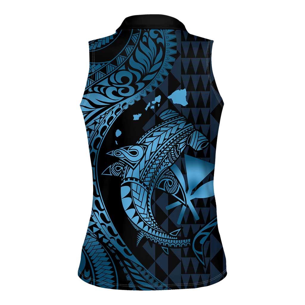 Aloha Hawaii Hammerhead Shark Women Sleeveless Polo Shirt Blue Kakau and Polynesian Tattoo LT03