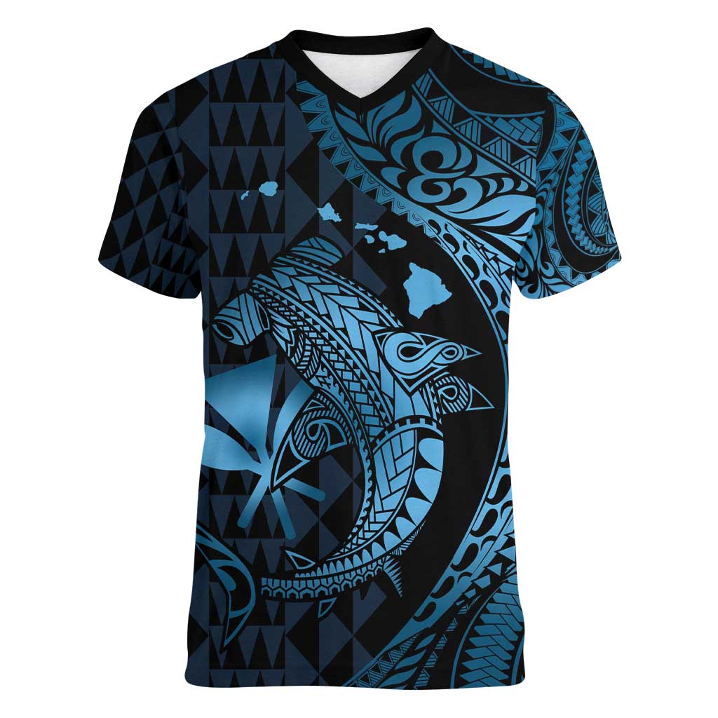 Aloha Hawaii Hammerhead Shark Women V-Neck T-Shirt Blue Kakau and Polynesian Tattoo LT03