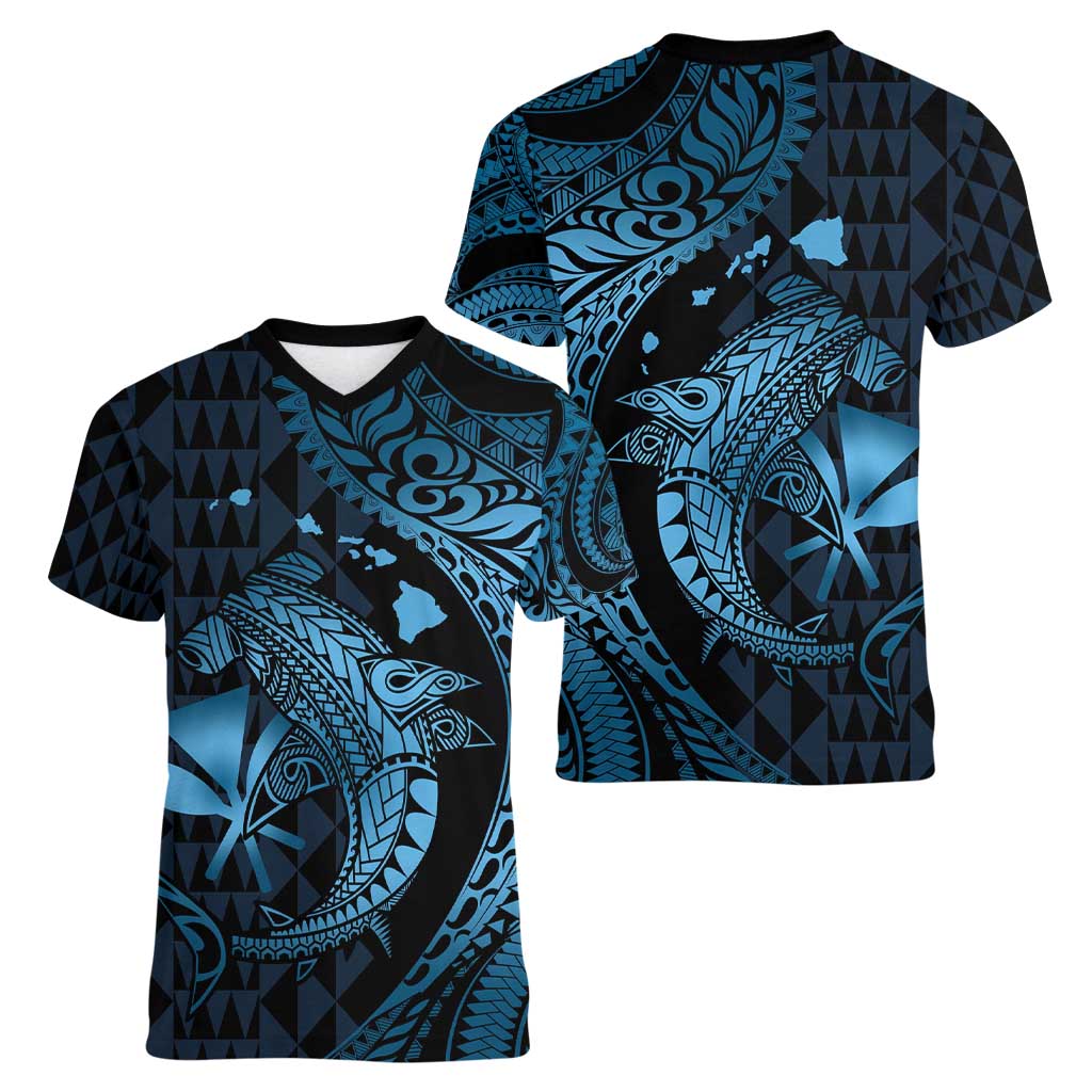Aloha Hawaii Hammerhead Shark Women V-Neck T-Shirt Blue Kakau and Polynesian Tattoo LT03