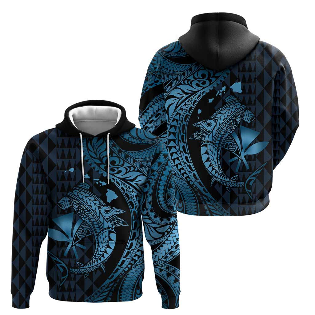 Aloha Hawaii Hammerhead Shark Zip Hoodie Blue Kakau and Polynesian Tattoo LT03