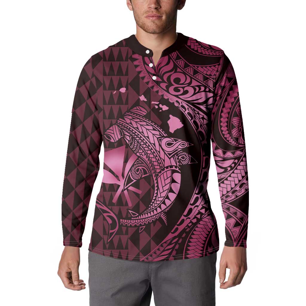 Aloha Hawaii Hammerhead Shark Button Sweatshirt Pink Kakau and Polynesian Tattoo LT03