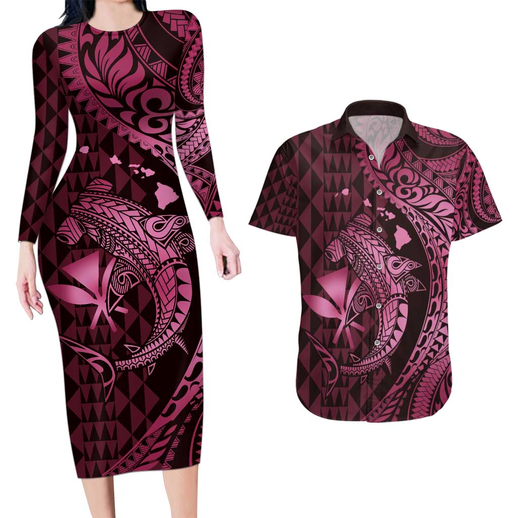 Aloha Hawaii Hammerhead Shark Couples Matching Long Sleeve Bodycon Dress and Hawaiian Shirt Pink Kakau and Polynesian Tattoo LT03 Pink - Polynesian Pride
