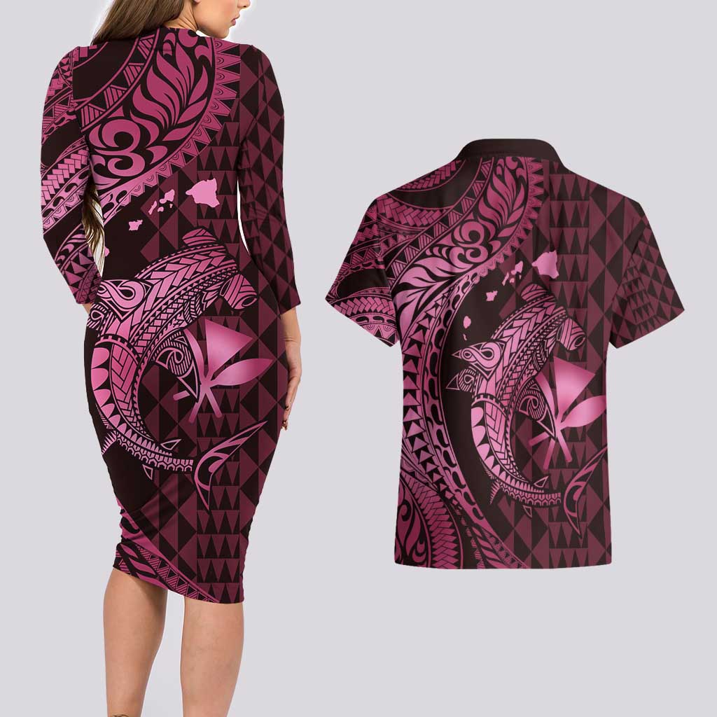 Aloha Hawaii Hammerhead Shark Couples Matching Long Sleeve Bodycon Dress and Hawaiian Shirt Pink Kakau and Polynesian Tattoo LT03 - Polynesian Pride