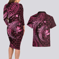 Aloha Hawaii Hammerhead Shark Couples Matching Long Sleeve Bodycon Dress and Hawaiian Shirt Pink Kakau and Polynesian Tattoo LT03 - Polynesian Pride