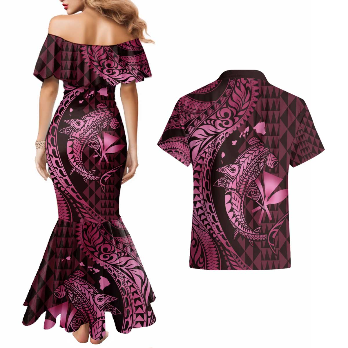 Aloha Hawaii Hammerhead Shark Couples Matching Mermaid Dress and Hawaiian Shirt Pink Kakau and Polynesian Tattoo LT03 - Polynesian Pride