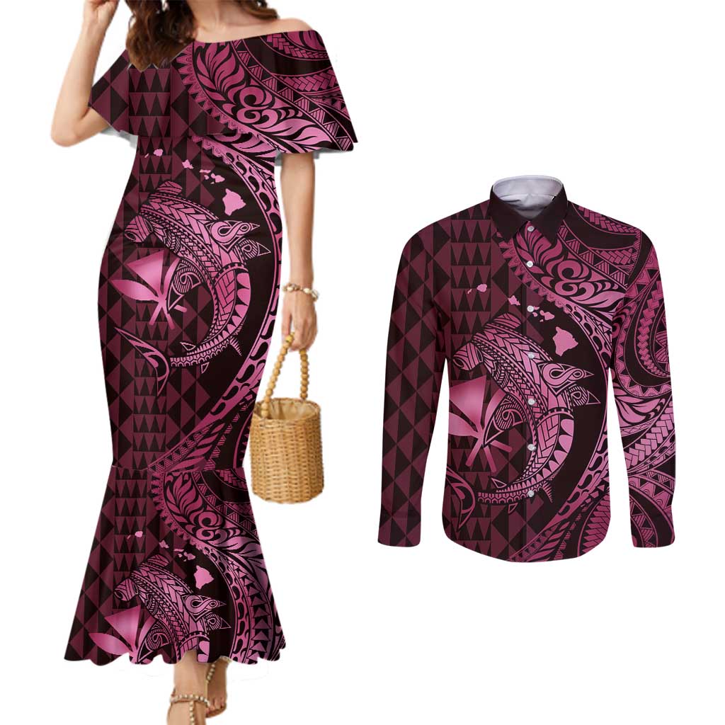 Aloha Hawaii Hammerhead Shark Couples Matching Mermaid Dress and Long Sleeve Button Shirt Pink Kakau and Polynesian Tattoo LT03