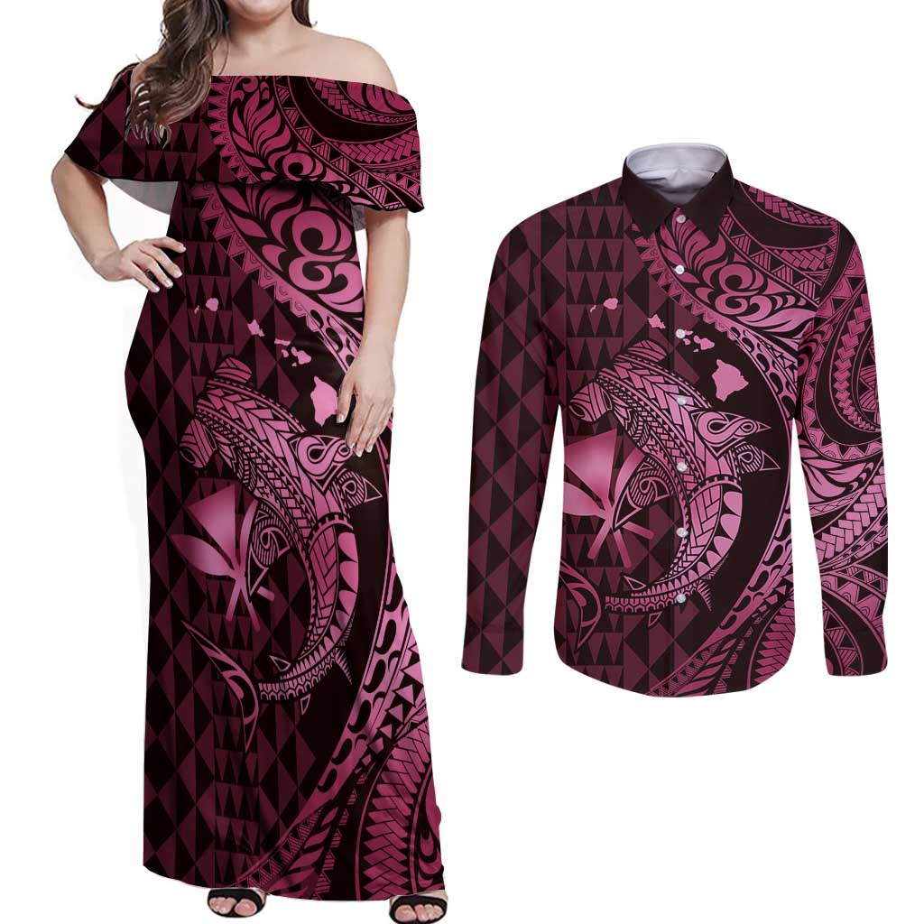Aloha Hawaii Hammerhead Shark Couples Matching Off Shoulder Maxi Dress and Long Sleeve Button Shirt Pink Kakau and Polynesian Tattoo LT03 Pink - Polynesian Pride