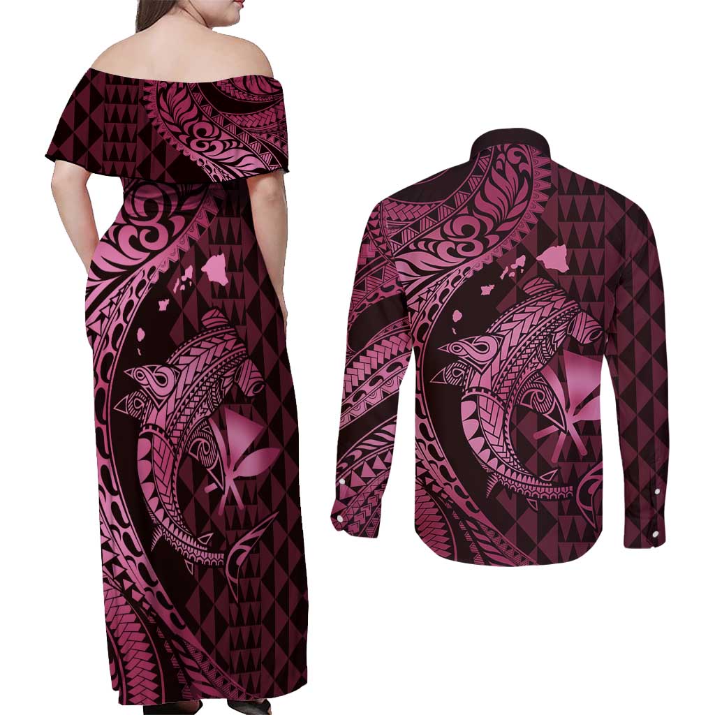 Aloha Hawaii Hammerhead Shark Couples Matching Off Shoulder Maxi Dress and Long Sleeve Button Shirt Pink Kakau and Polynesian Tattoo LT03 - Polynesian Pride