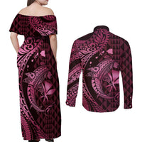 Aloha Hawaii Hammerhead Shark Couples Matching Off Shoulder Maxi Dress and Long Sleeve Button Shirt Pink Kakau and Polynesian Tattoo LT03 - Polynesian Pride